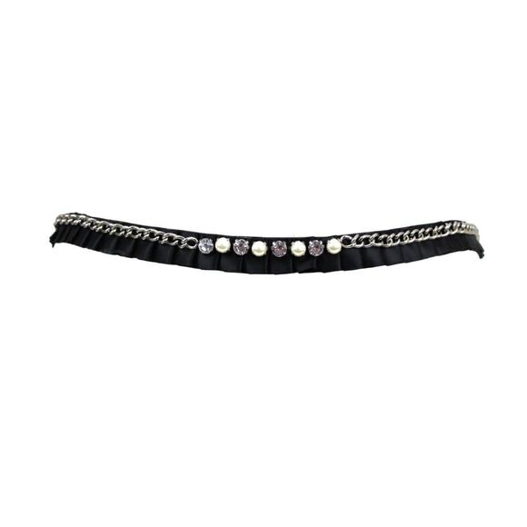 BLACK FABRIC RHINESTONE FAUX PEARL 3/4"Wd DRESS WOMEN BELT ADJUSTABLE Size (E98 - Picture 5 of 12